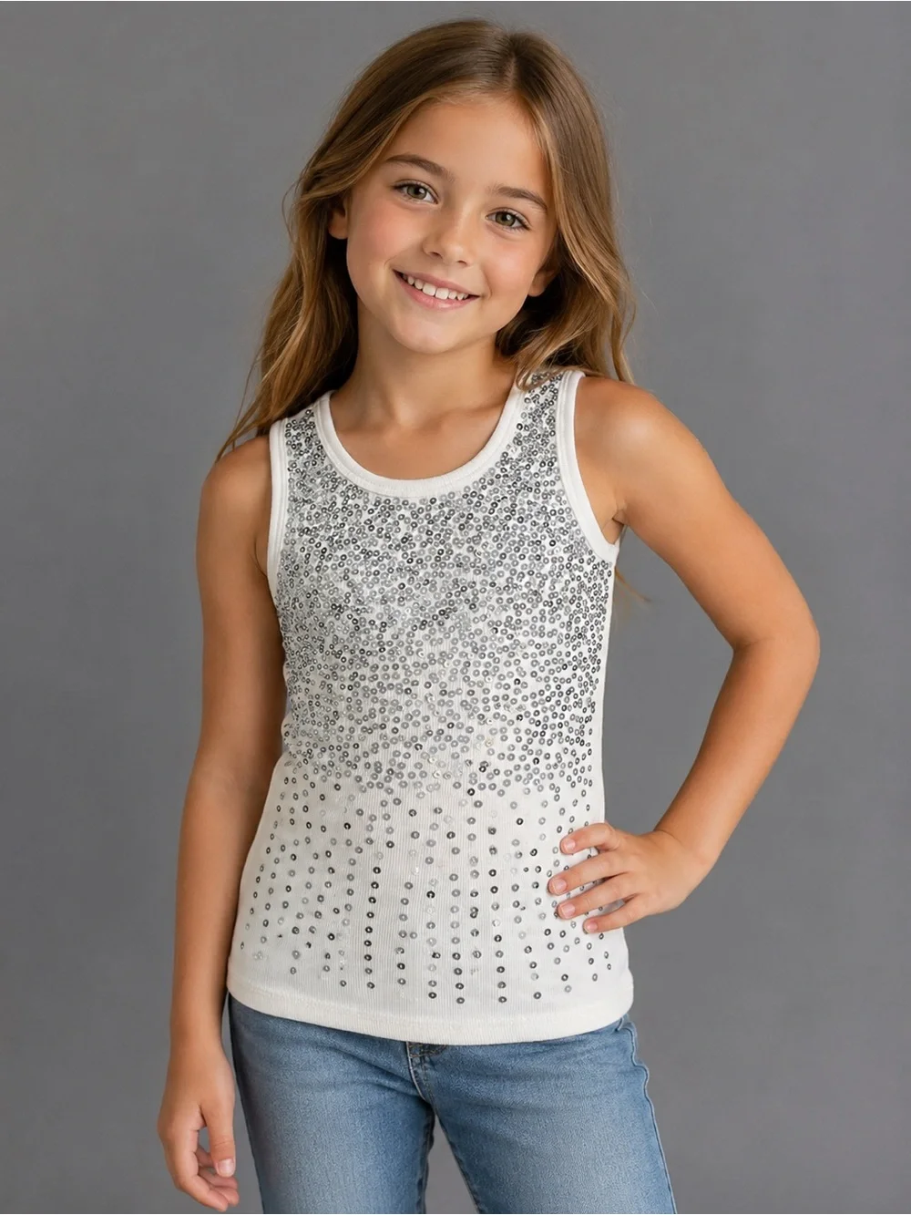Girls White Embellished Tank Top - Sparkle Accent - 0804